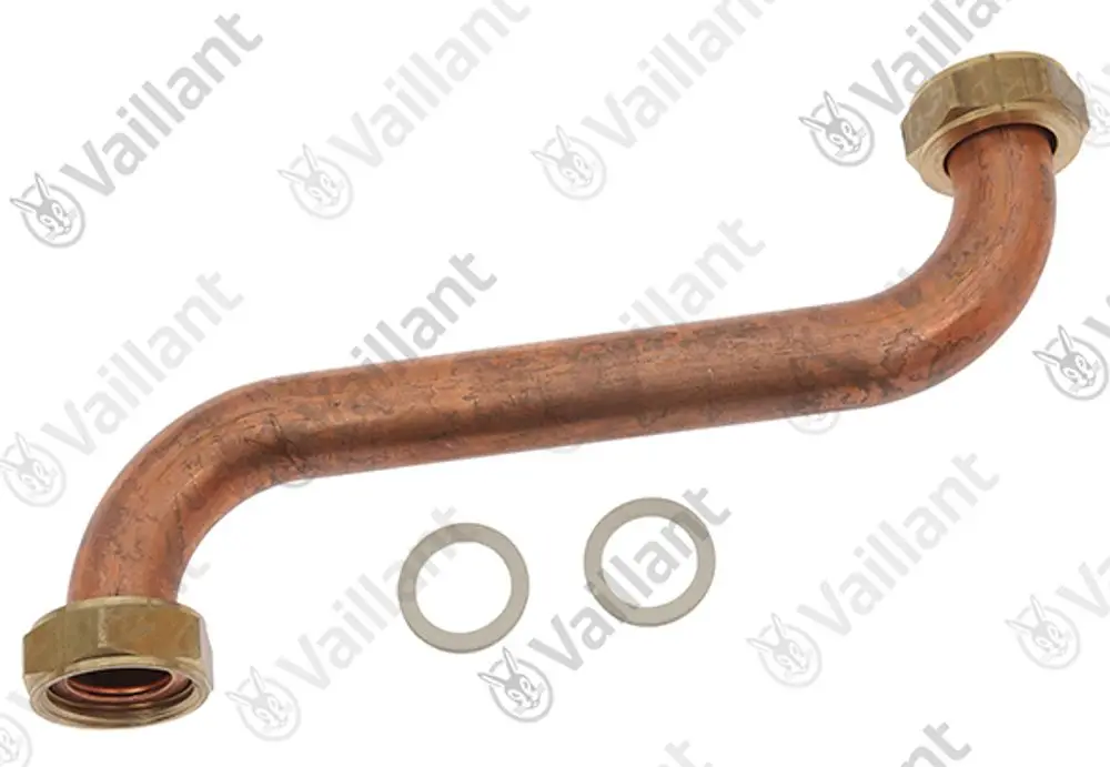 Kupferrohr mit zwei Messinganschlüssen und zwei Dichtscheiben, hergestellt von Vaillant. Das Rohr hat eine gebogene Form für Installationen.